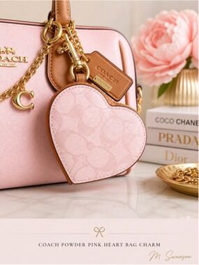 NEW Coach Pink Heart Bag Charm Signature Powder Canvas Leather CEA22 NWT